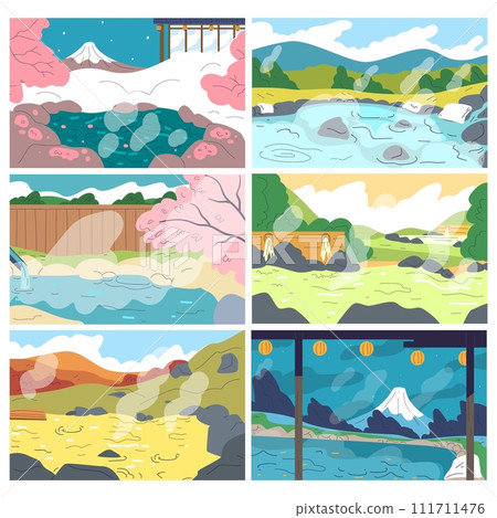 Hot springs nature. Ryokan national japan hot-spring scenery background, onsen bath hot steam pool, winter spring tourist season in fuji mountain 111711476