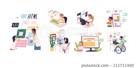 Children code learning. Kids writing codes, child programming schools it camp, kid coder students internet technology computer education coding project, classy vector illustration 111711480