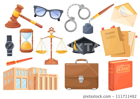 Law practice. Justice legal elements, judge gavel and pen for lawyer prosecutor office paperwork in courthouse, legislation support concept attorney work 111711482