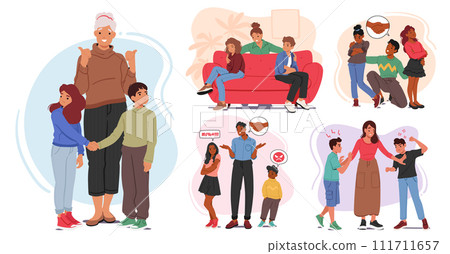 Set of Parents Mediate Between Squabbling Siblings, Urging Empathy And Sharing, Fostering Understanding And Compromise Set of Parents Mediate Between Squabbling Siblings, Urging Empathy And Sharing, Fostering Understanding And Compromise 111711657