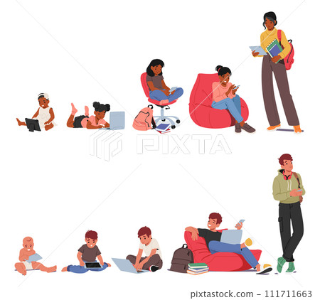 Man And Woman Growing Lifecycle Stages With Gadgets. Baby With Tablet, Toddler With Laptop, Student Girl Or Boy Man And Woman Growing Lifecycle Stages With Gadgets. Baby With Tablet, Toddler With Laptop, Student Girl Or Boy 111711663