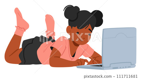 Curious Little Girl Engrossed In Her Laptop, Eyes Wide With Wonder, Exploring A World Of Knowledge And Imagination 111711681