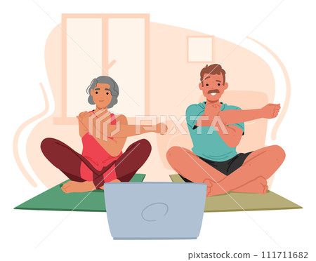 Senior Couple Characters Attentively Watches A Sports Training Video On A Laptop, Embracing Modern Technology 111711682