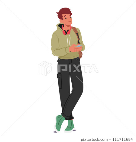 Student Boy Character Stand with Handbag, Headphones and Smartphone, Navigates Through Apps, Connecting, Learning 111711694