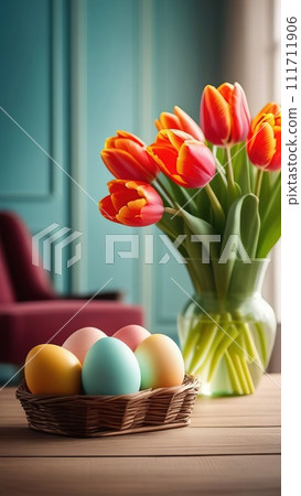 Table with vase of tulips, colorful Easter eggs. Basket of eggs and vase of tulips on kitchen table near window. Happy Easter greeting card, banner, festive background. Blurred background. Copy space. Table with vase of tulips, colorful Easter eggs. Basket of eggs and vase of tulips on kitchen table near window. Happy Easter greeting card, banner, festive background. Blurred background. Copy space. 111711906