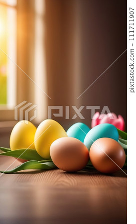Table with tulips, colorful Easter eggs. Eggs and tulips on kitchen table near window. Happy Easter greeting card, banner, festive background. Blurred background. Copy space. Table with tulips, colorful Easter eggs. Eggs and tulips on kitchen table near window. Happy Easter greeting card, banner, festive background. Blurred background. Copy space. 111711907