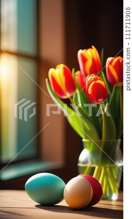 Table with vase of tulips, colorful Easter eggs. Eggs and vase of tulips on kitchen table near window. Happy Easter greeting card, banner, festive background. Blurred background. Copy space. Table with vase of tulips, colorful Easter eggs. Eggs and vase of tulips on kitchen table near window. Happy Easter greeting card, banner, festive background. Blurred background. Copy space. 111711908
