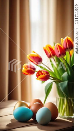 Table with vase of tulips, colorful Easter eggs. Eggs and vase of tulips on kitchen table near window. Happy Easter greeting card, banner, festive background. Blurred background. Copy space. 111711909