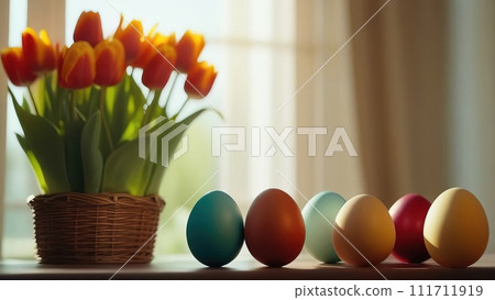 Table with vase of tulips, colorful Easter eggs. Eggs and vase of tulips on kitchen table near window. Happy Easter greeting card, banner, festive background. Blurred background. Copy space. Table with vase of tulips, colorful Easter eggs. Eggs and vase of tulips on kitchen table near window. Happy Easter greeting card, banner, festive background. Blurred background. Copy space. 111711919