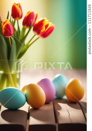 Table with vase of tulips, colorful Easter eggs. Eggs and vase of tulips on kitchen table near window. Happy Easter greeting card, banner, festive background. Blurred background. Copy space. 111711926