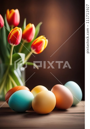 Table with vase of tulips, colorful Easter eggs. Eggs and vase of tulips on kitchen table near window. Happy Easter greeting card, banner, festive background. Blurred background. Copy space. 111711927