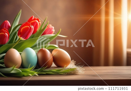 Table with vase of tulips, colorful Easter eggs. Eggs and vase of tulips on kitchen table near window. Happy Easter greeting card, banner, festive background. Blurred background. Copy space. Table with vase of tulips, colorful Easter eggs. Eggs and vase of tulips on kitchen table near window. Happy Easter greeting card, banner, festive background. Blurred background. Copy space. 111711931