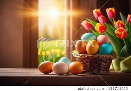 Table with vase of tulips, colorful Easter eggs. Eggs and vase of tulips on kitchen table near window. Happy Easter greeting card, banner, festive background. Blurred background. Copy space. Table with vase of tulips, colorful Easter eggs. Eggs and vase of tulips on kitchen table near window. Happy Easter greeting card, banner, festive background. Blurred background. Copy space. 111711933