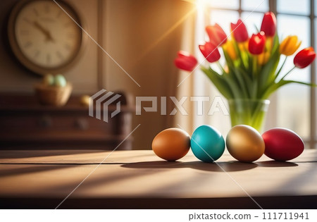 Table with vase of tulips, colorful Easter eggs. Eggs and vase of tulips on kitchen table near window. Happy Easter greeting card, banner, festive background. Blurred background. Copy space. Table with vase of tulips, colorful Easter eggs. Eggs and vase of tulips on kitchen table near window. Happy Easter greeting card, banner, festive background. Blurred background. Copy space. 111711941