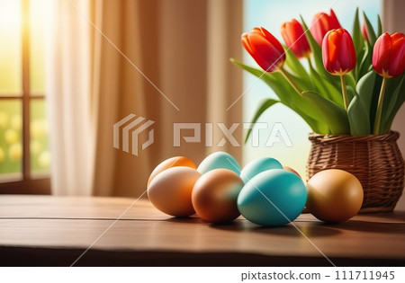 Table with vase of tulips, colorful Easter eggs. Eggs and vase of tulips on kitchen table near window. Happy Easter greeting card, banner, festive background. Blurred background. Copy space. 111711945