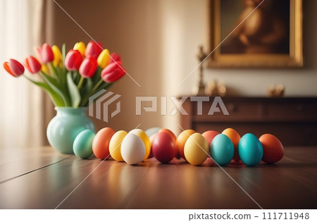 Table with vase of tulips, colorful Easter eggs. Eggs and vase of tulips on kitchen table near window. Happy Easter greeting card, banner, festive background. Blurred background. Copy space. Table with vase of tulips, colorful Easter eggs. Eggs and vase of tulips on kitchen table near window. Happy Easter greeting card, banner, festive background. Blurred background. Copy space. 111711948
