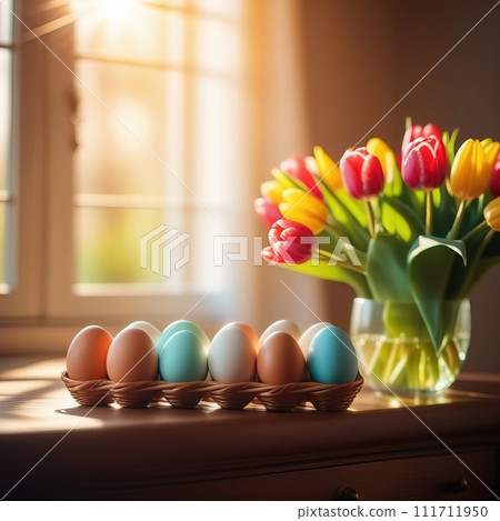 Table with vase of tulips, colorful Easter eggs. Basket of eggs and vase of tulips on kitchen table near window. Happy Easter greeting card, banner, festive background. Blurred background. Copy space. Table with vase of tulips, colorful Easter eggs. Basket of eggs and vase of tulips on kitchen table near window. Happy Easter greeting card, banner, festive background. Blurred background. Copy space. 111711950