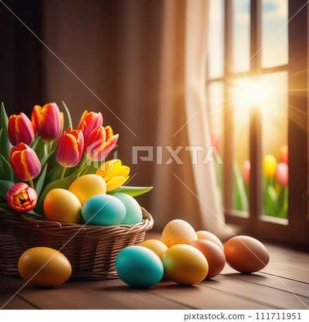 Table with vase of tulips, colorful Easter eggs. Basket of eggs and vase of tulips on kitchen table near window. Happy Easter greeting card, banner, festive background. Blurred background. Copy space. Table with vase of tulips, colorful Easter eggs. Basket of eggs and vase of tulips on kitchen table near window. Happy Easter greeting card, banner, festive background. Blurred background. Copy space. 111711951