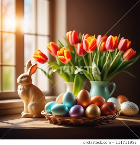 Table with vase of tulips, colorful Easter eggs. Basket of eggs and vase of tulips on kitchen table near window. Happy Easter greeting card, banner, festive background. Blurred background. Copy space. Table with vase of tulips, colorful Easter eggs. Basket of eggs and vase of tulips on kitchen table near window. Happy Easter greeting card, banner, festive background. Blurred background. Copy space. 111711952