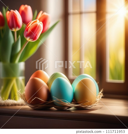 Table with vase of tulips, colorful Easter eggs. Basket of eggs and vase of tulips on kitchen table near window. Happy Easter greeting card, banner, festive background. Blurred background. Copy space. 111711953