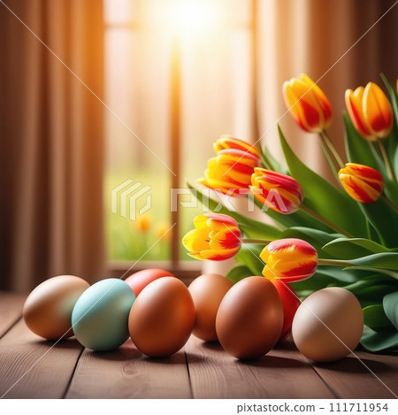 Table with vase of tulips, colorful Easter eggs. Eggs and vase of tulips on kitchen table near window. Happy Easter greeting card, banner, festive background. Blurred background. Copy space. Table with vase of tulips, colorful Easter eggs. Eggs and vase of tulips on kitchen table near window. Happy Easter greeting card, banner, festive background. Blurred background. Copy space. 111711954