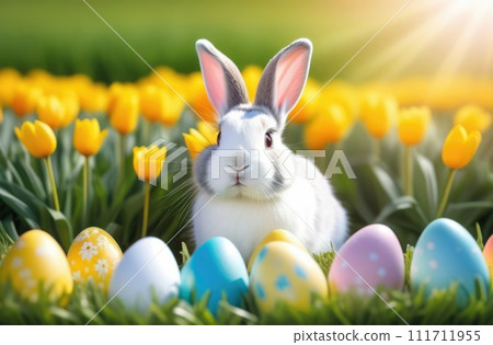 Holiday celebration banner with cute Easter bunny with decorated eggs and spring flowers on green spring meadow. Rabbit in landscape. Happy Easter greeting card, banner, festive background.Copy space Holiday celebration banner with cute Easter bunny with decorated eggs and spring flowers on green spring meadow. Rabbit in landscape. Happy Easter greeting card, banner, festive background.Copy space 111711955