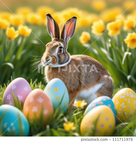 Holiday celebration banner with cute Easter bunny with decorated eggs and spring flowers on green spring meadow. Rabbit in landscape. Happy Easter greeting card, banner, festive background.Copy space 111711978