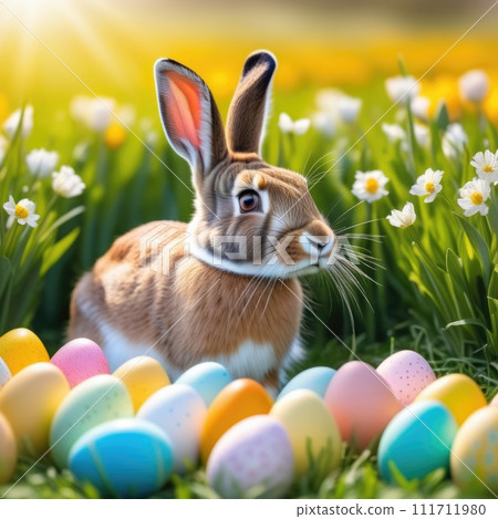 Holiday celebration banner with cute Easter bunny with decorated eggs and spring flowers on green spring meadow. Rabbit in landscape. Happy Easter greeting card, banner, festive background.Copy space 111711980