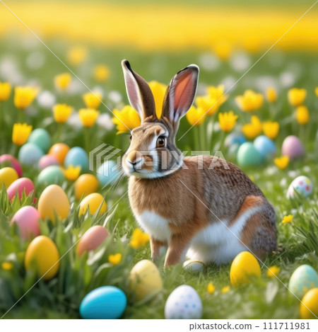 Holiday celebration banner with cute Easter bunny with decorated eggs and spring flowers on green spring meadow. Rabbit in landscape. Happy Easter greeting card, banner, festive background.Copy space 111711981