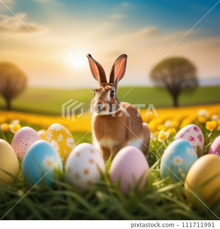 Holiday celebration banner with cute Easter bunny with decorated eggs and spring flowers on green spring meadow. Rabbit in landscape. Happy Easter greeting card, banner, festive background.Copy space 111711991