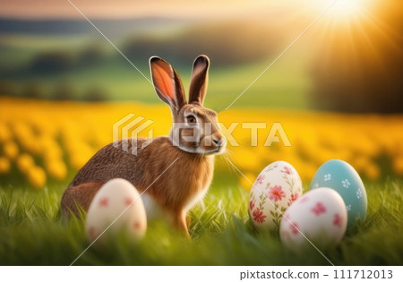 Holiday celebration banner with cute Easter bunny with decorated eggs and spring flowers on green spring meadow. Rabbit in landscape. Happy Easter greeting card, banner, festive background.Copy space 111712013