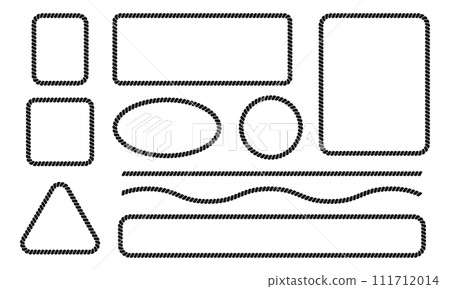Set of rope or cord frames and borders. Rectangle, circle, oval, square, triangle shapes with thread or cable texture. Design elements in sailor, marine, sea, nautical style. Vector flat illustration 111712014