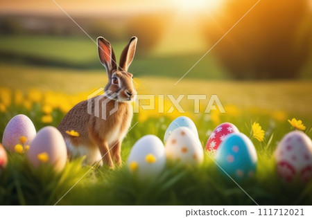 Holiday celebration banner with cute Easter bunny with decorated eggs and spring flowers on green spring meadow. Rabbit in landscape. Happy Easter greeting card, banner, festive background.Copy space 111712021