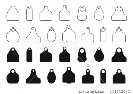 Eartags for cattle. Set of empty identification labels for farm animals isolated on white background. Collection of earmark mockups for livestock. Pets ID tags. Vector flat and outline illustration 111712022
