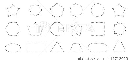 Set of geometric shapes with dashed lines. Dotted circle, square, rectangle, oval, star, crown and triangle figures isolated on white background. Cut here pictograms 111712023