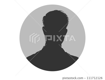 灰色背景圓形框架中男性臉部正面輪廓的插圖 灰色背景圓形框架中男性臉部正面輪廓的插圖 111712126