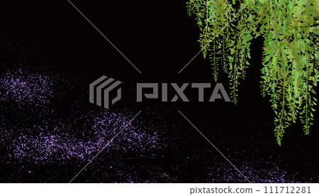 Mother-of-pearl wisteria and colored sand on a black lacquer background, an image of the traditional Japanese craft "Maki-e" Mother-of-pearl wisteria and colored sand on a black lacquer background, an image of the traditional Japanese craft "Maki-e" 111712281
