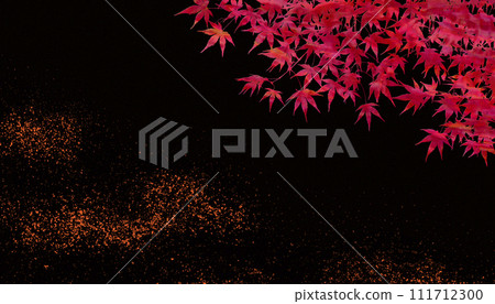 Mother-of-pearl maple leaves and colored sand on a black lacquer-like background, an image of the traditional Japanese craft "Maki-e" 111712300