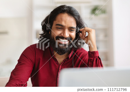 Customer Support Manager Man In Headset Working With Laptop Computer Customer Support Manager Man In Headset Working With Laptop Computer 111712796