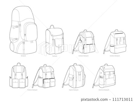 Set of sport, Outdoors, Adventure backpack silhouette bag. Fashion accessory technical illustration. Vector schoolbag 111713011