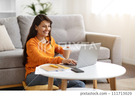 Positive young indian woman using laptop at home Positive young indian woman using laptop at home 111713020