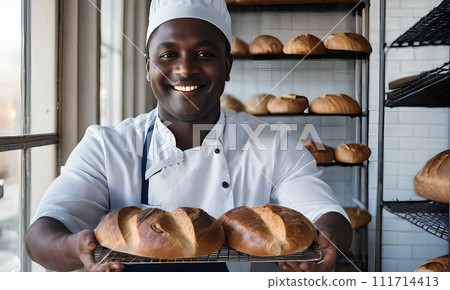 AI-generated content. man baker bread. men's bread business. business bakery loan loan. smile face work. uniform hat prepared shop working industrial black male bake african retail indoor assortment 111714413