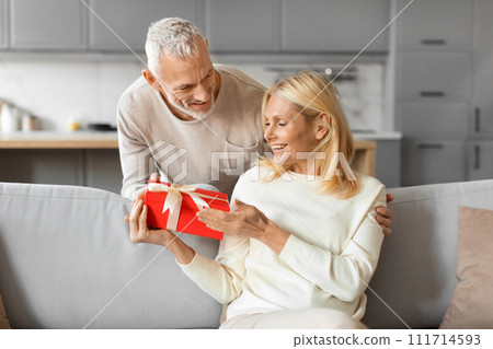 Loving senior man greeting his wife with Valentines Day 111714593