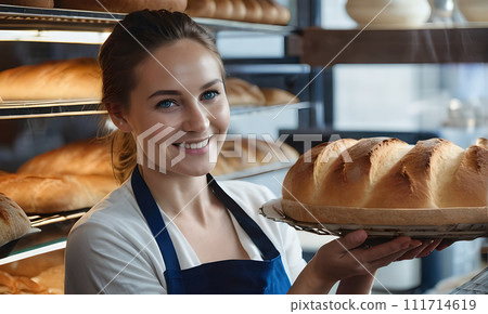 AI-generated content. seller retail chef food manufacturing breadloaf father farmer occupation indoor portrait teen cook child women service holding young market croissant caucasian professional 111714619