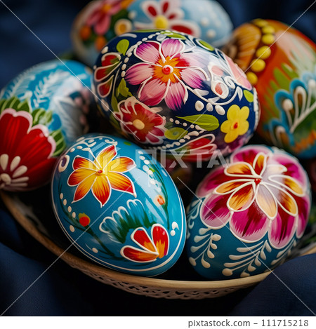 Colorful Hand-Painted Easter Eggs in a Wicker Basket 111715218