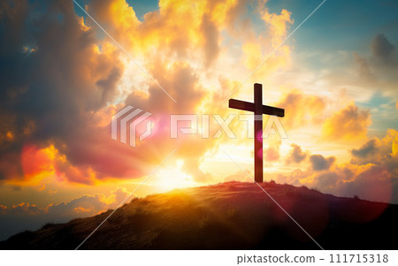 Jesus cross on Calvary Hill Dramatic Sunset at Golgotha 111715318