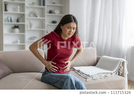 Stomach Ache. Sick Asian Woman Suffering From Acute Abdominal Pain At Home Stomach Ache. Sick Asian Woman Suffering From Acute Abdominal Pain At Home 111715326