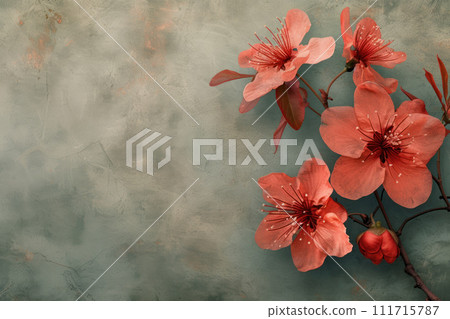 Red flowering branches spread across a turquoise background Red flowering branches spread across a turquoise background 111715787
