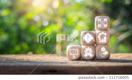 Outsourcing concept, Wooden block on desk with outsourcing icon on virtual screen. 111716005