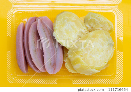 Boiled bananas with boiled sweet potatoes. Delicious fruit dessert Boiled bananas with boiled sweet potatoes. Delicious fruit dessert 111716664